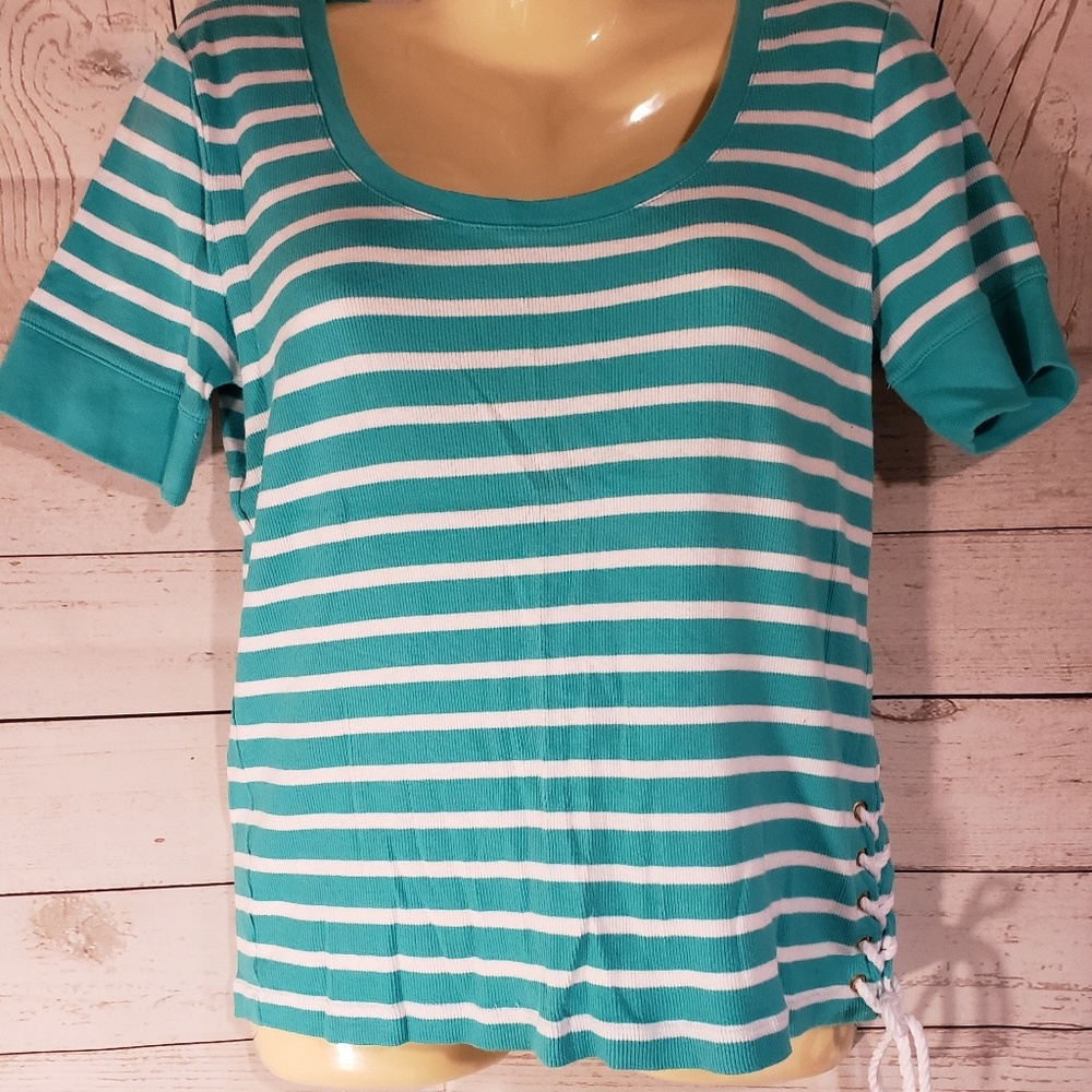 2 for 15 Chaps Striped White/Teal Top